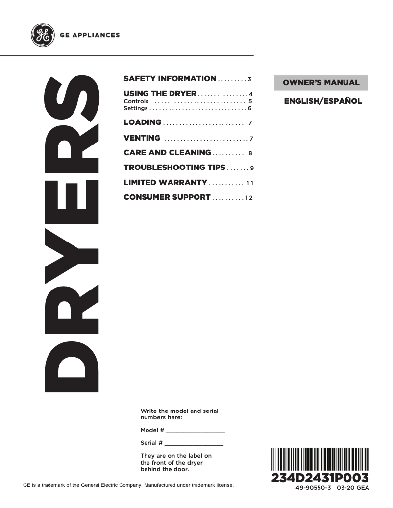 Page 1 de la notice Manuel d'utilisation et d'entretien GE GTD33EASKWW