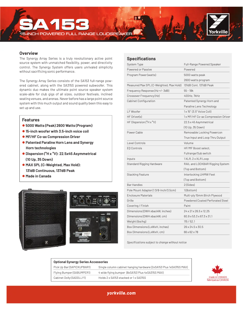 Page 1 de la notice Fiche technique Yorkville Synergy SA153