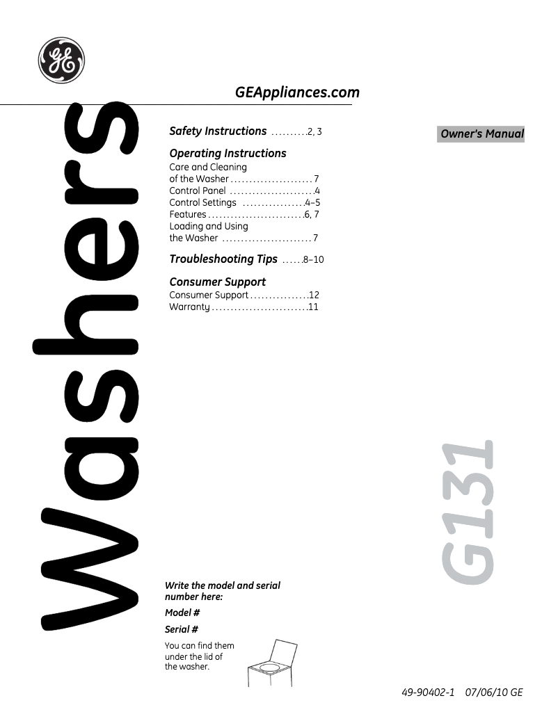 Image de la première page du manuel de l'appareil GTWN5050MWS