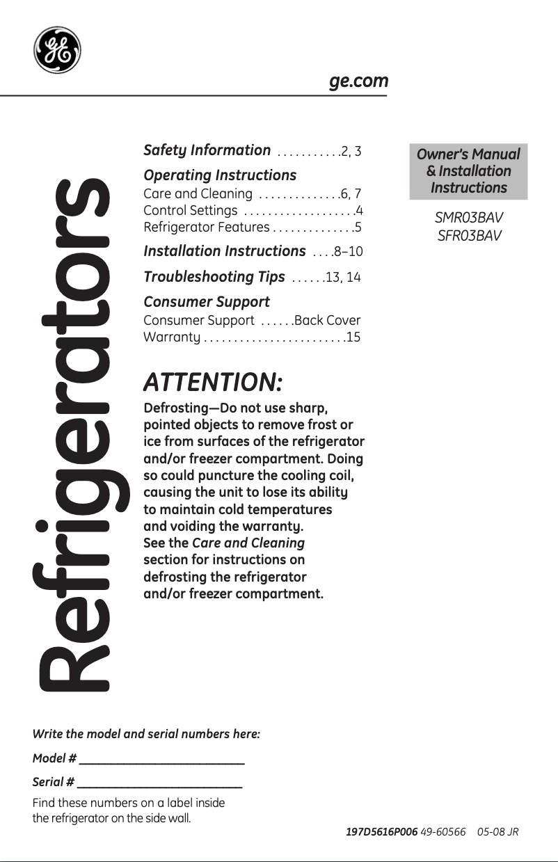 Page 1 de la notice Guide d'installation GE SMR03BAVBB