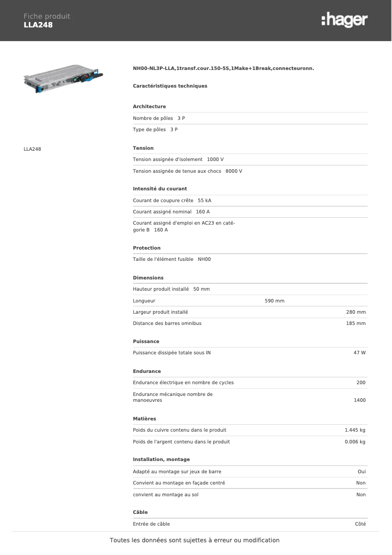 Page 1 de la notice Fiche technique Hager LLA248