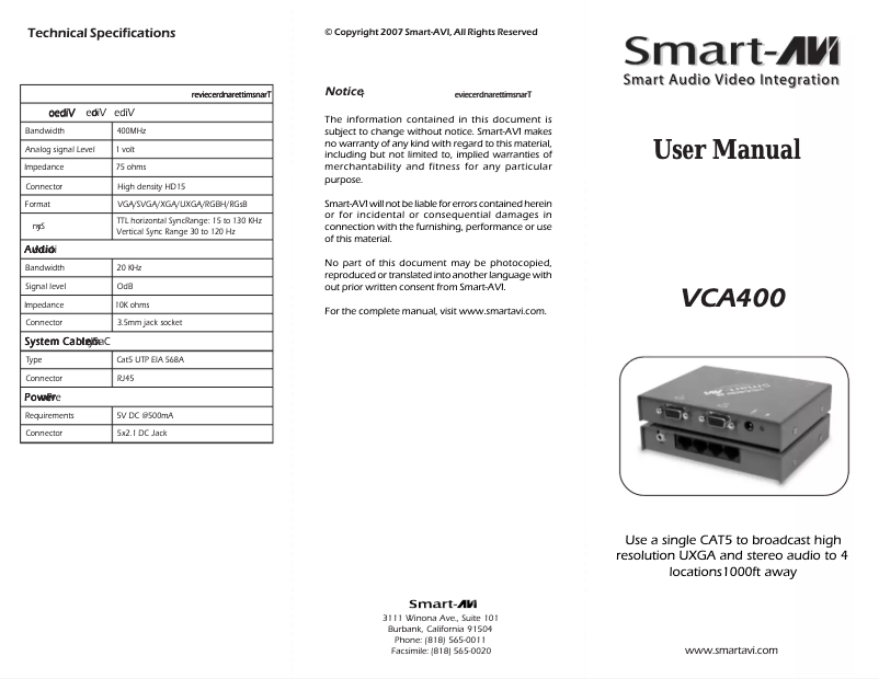 Page 1 de la notice Manuel utilisateur Smart-AVI VCA-400