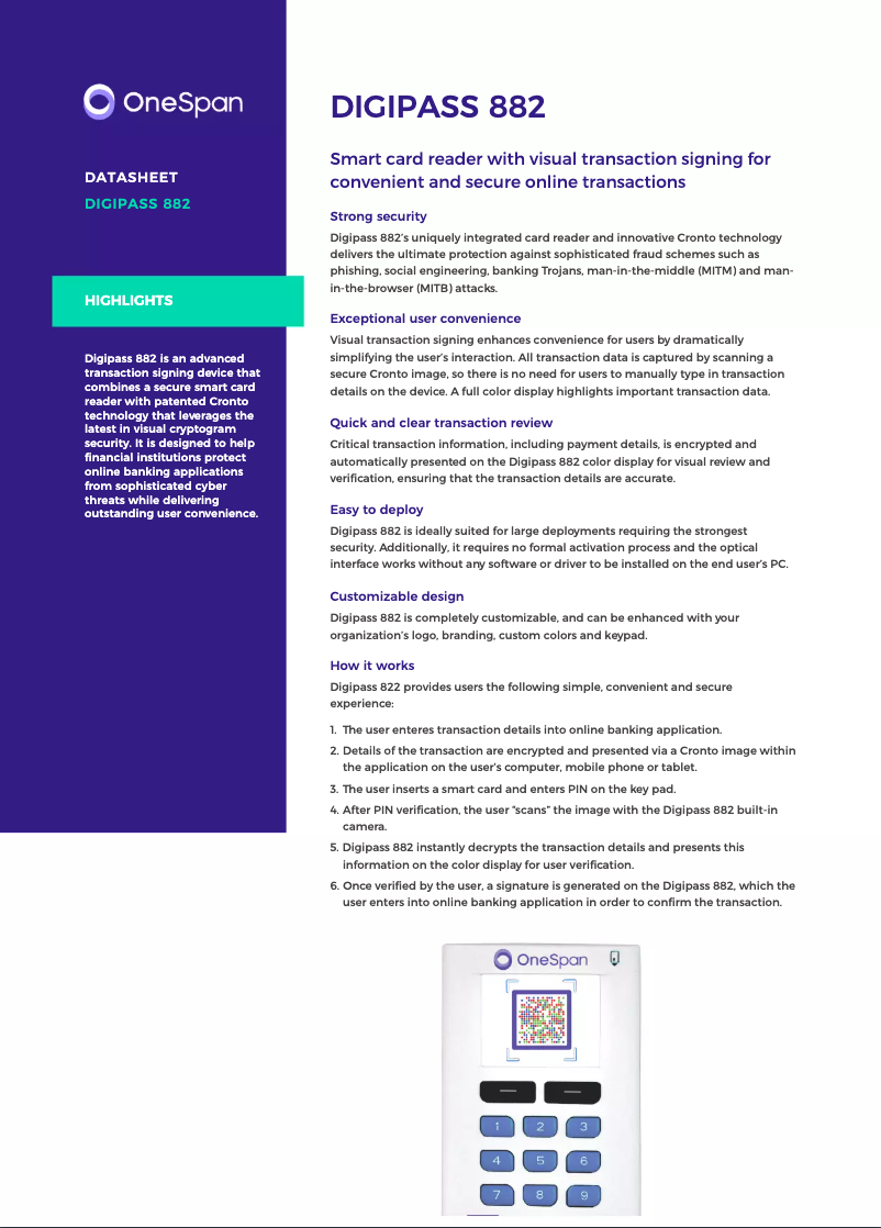 Page n°1 - Manuel utilisateur OneSpan Digipass 882 Sm@rt Tan Photo