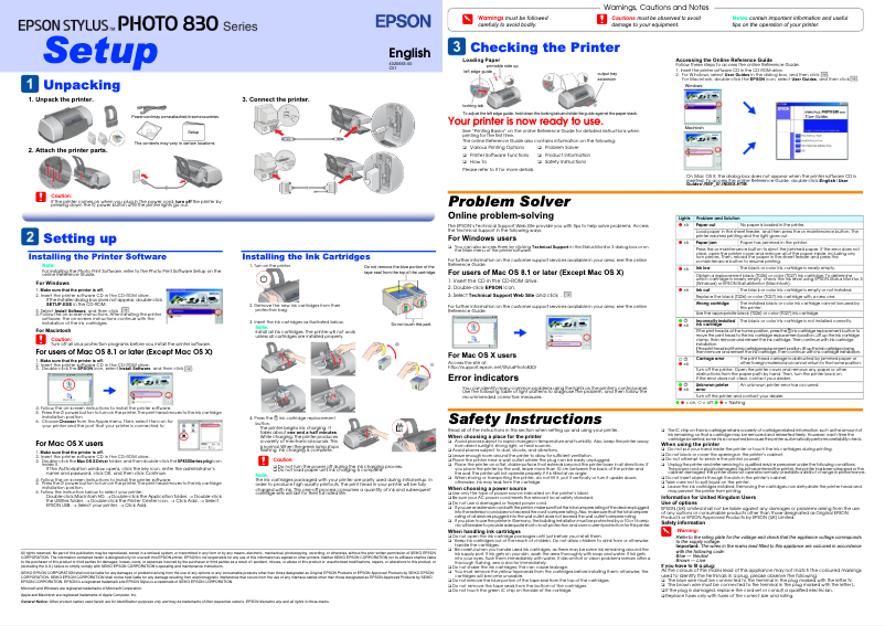 Page 1 de la notice Manuel utilisateur Epson Stylus Photo 830