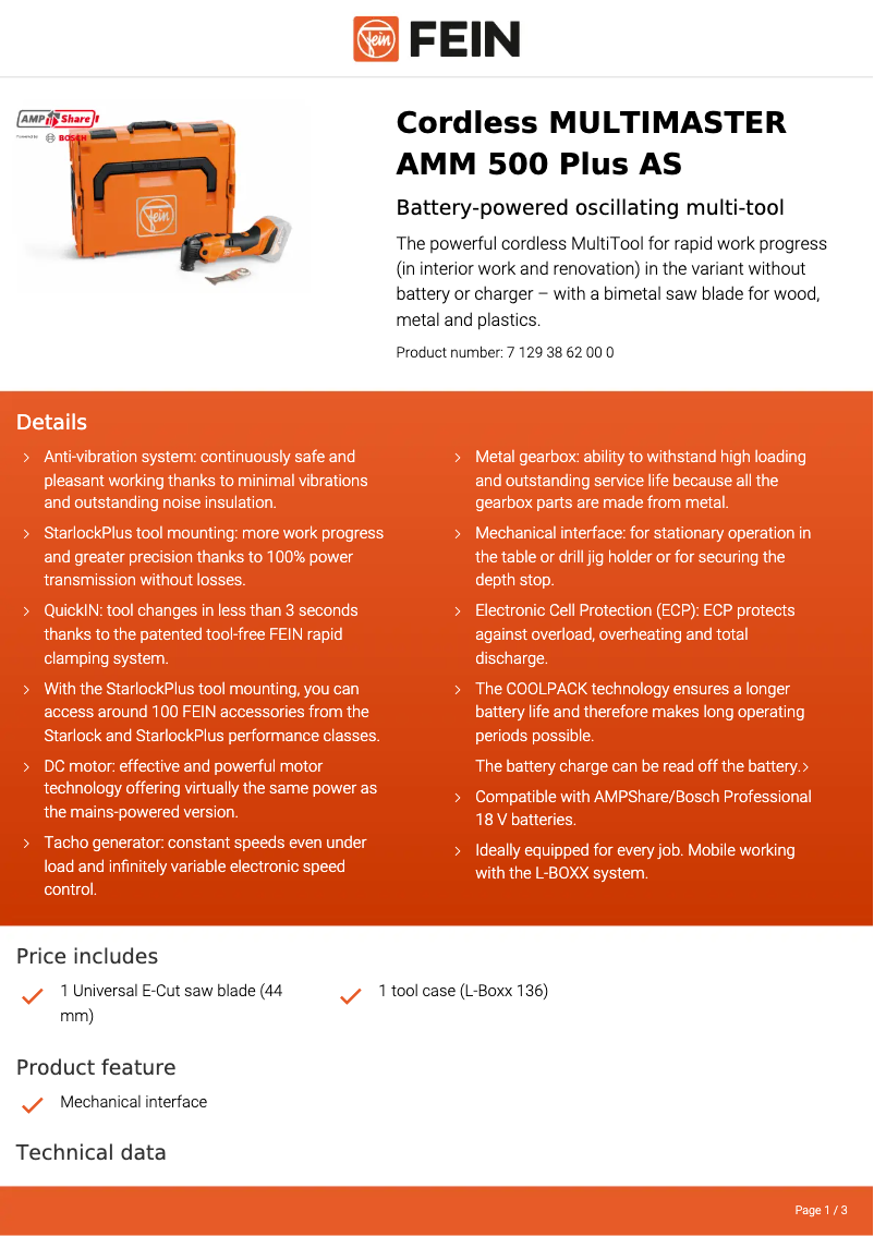 Página 1 del manual Ficha técnica Fein Multimaster AMM 500 Plus AS