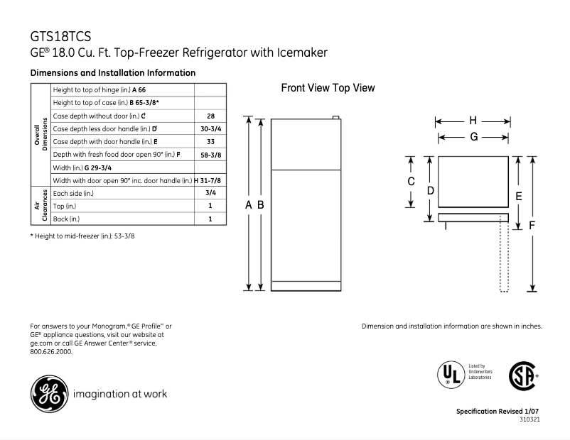 Page 1 de la notice Fiche technique GE GTS18TCSWW