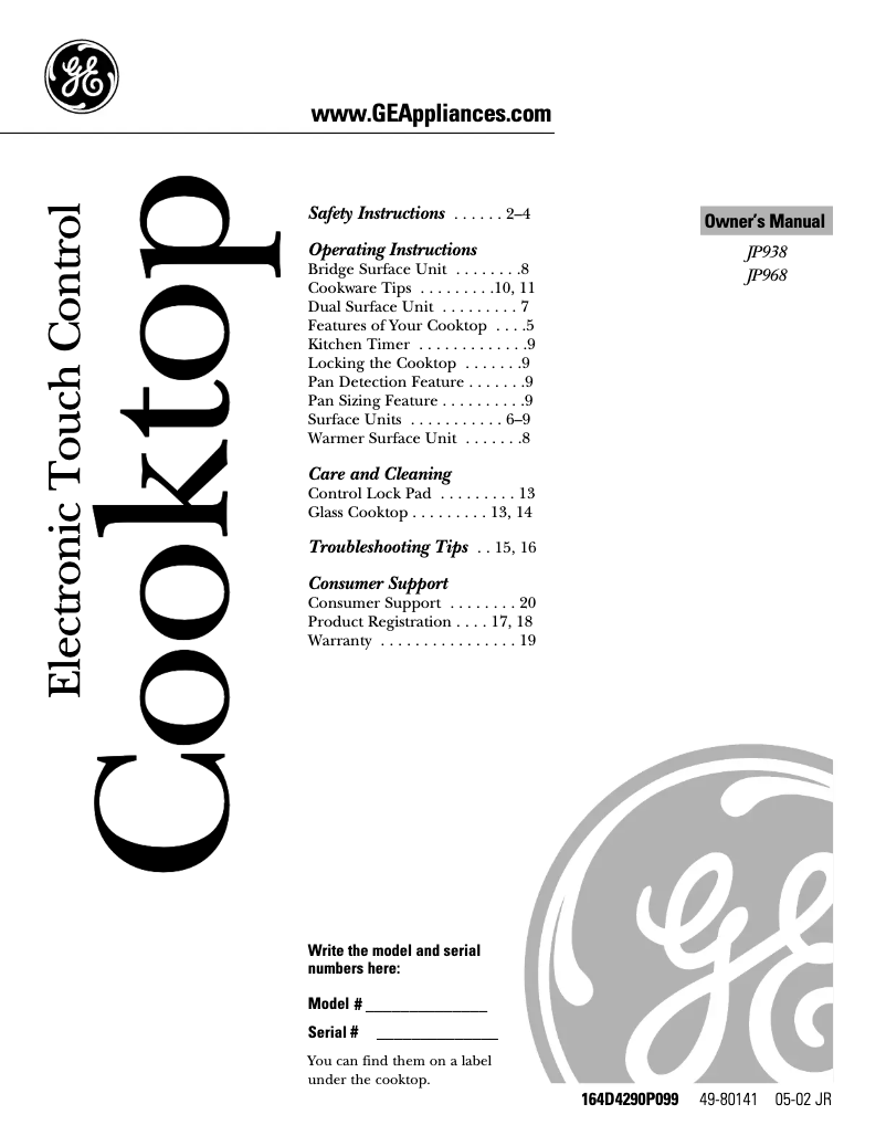 Page 1 of the manual Use and Maintenance Manual GE Profile JP968BCBB