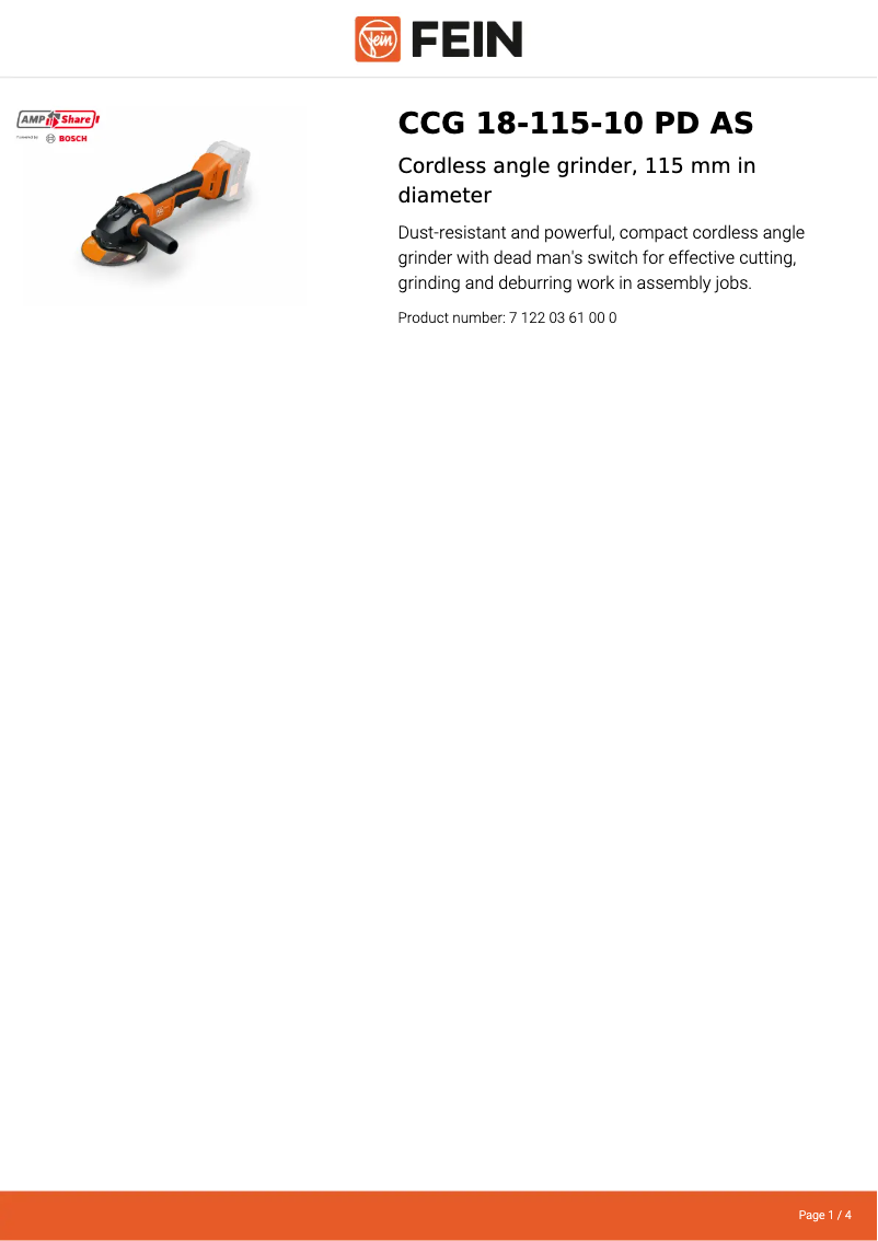 Page 1 de la notice Fiche technique Fein CCG 18-115-10 PD AS