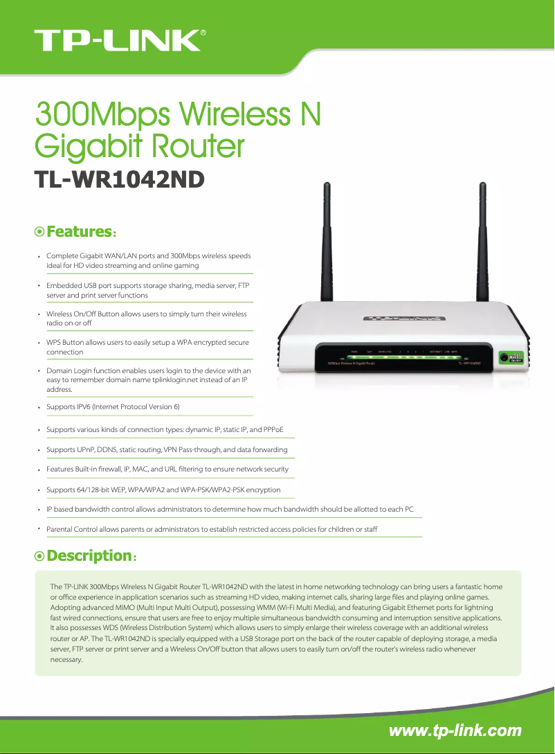Page 1 de la notice Fiche technique TP-Link TL-WR1042ND