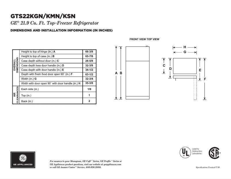 Page 1 of the manual Technical Sheet GE GTS22KSNRSS