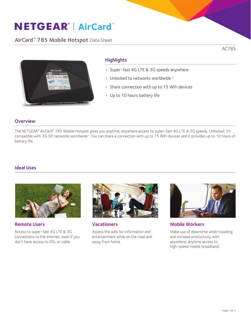 Page 1 de la notice Fiche technique Netgear AirCard 785