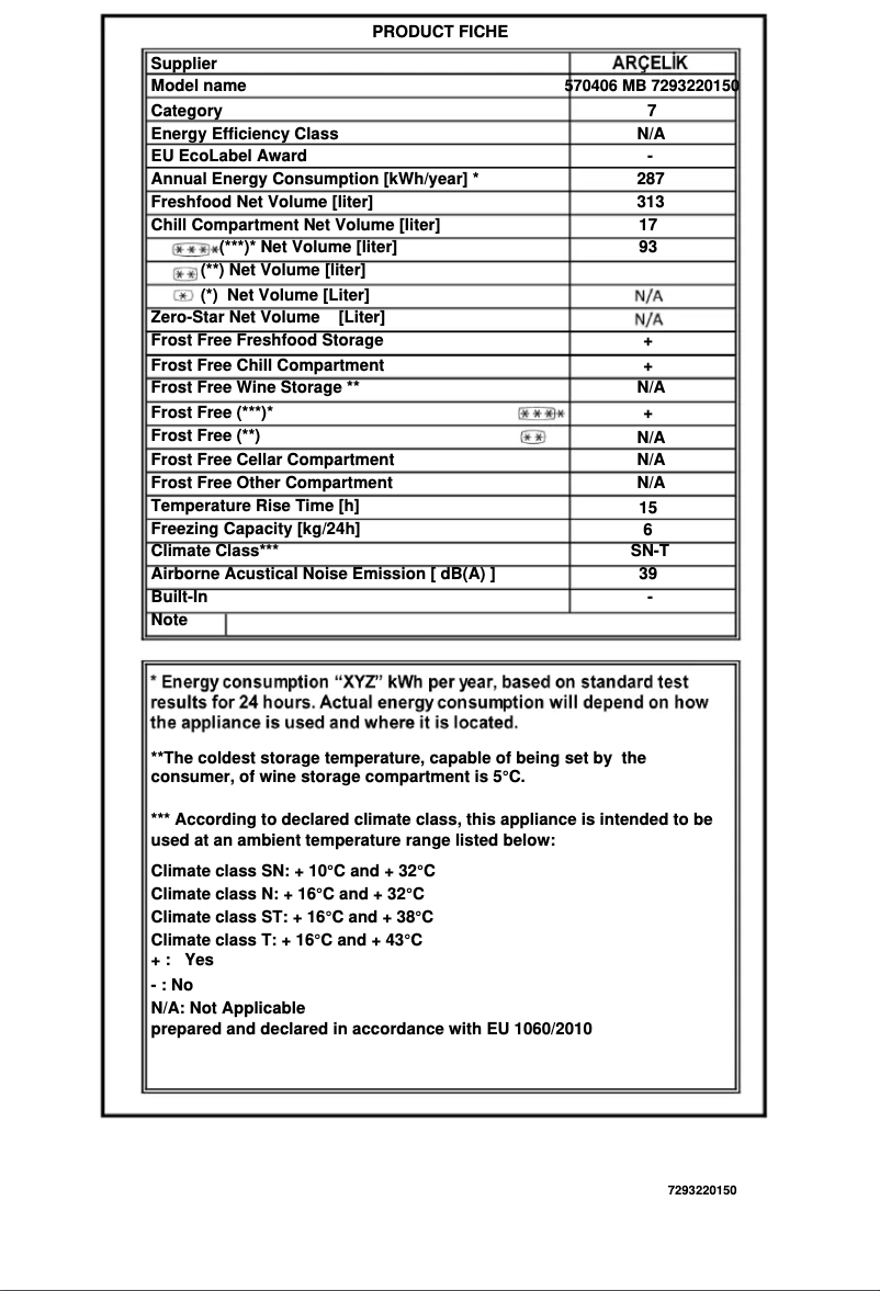 Page 1 de la notice Fiche technique Arçelik 570406 MB
