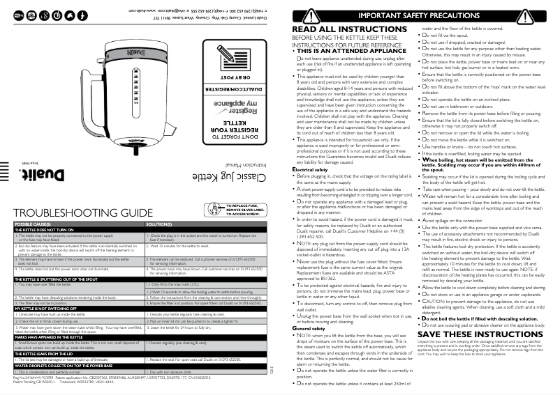 Page 1 de la notice Manuel utilisateur Dualit Classic 72895