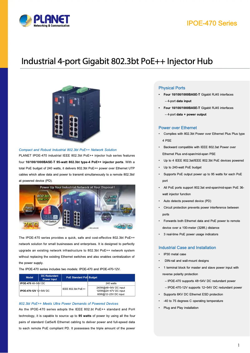 Page 1 de la notice Fiche technique Planet IPOE-470-12V