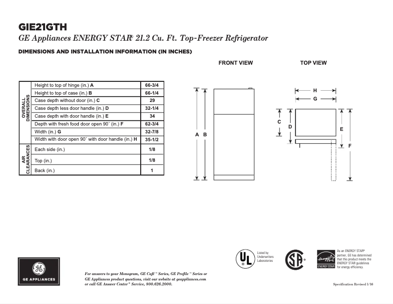 Page n°1 - Fiche technique GE GIE21GTHWW