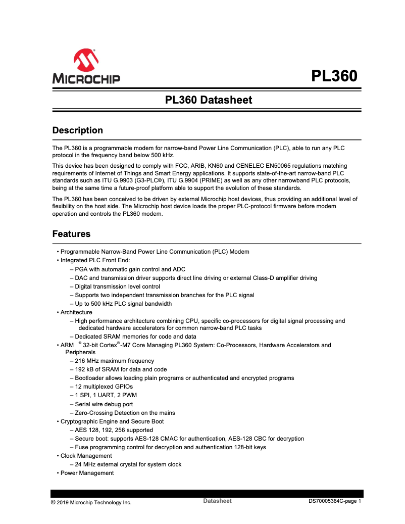 Page 1 de la notice Fiche technique Microchip PL360B