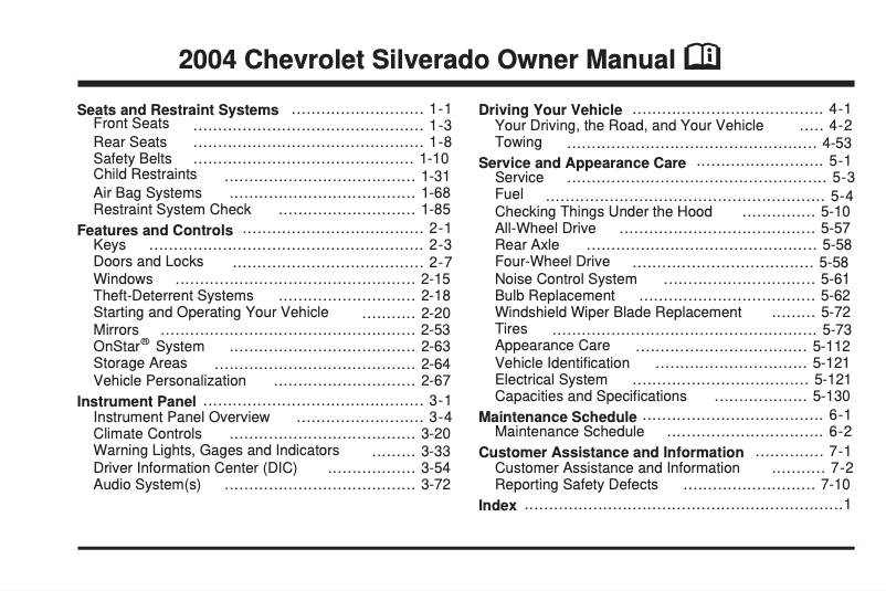 Page 1 de la notice Manuel utilisateur Chevrolet Venture (2004)
