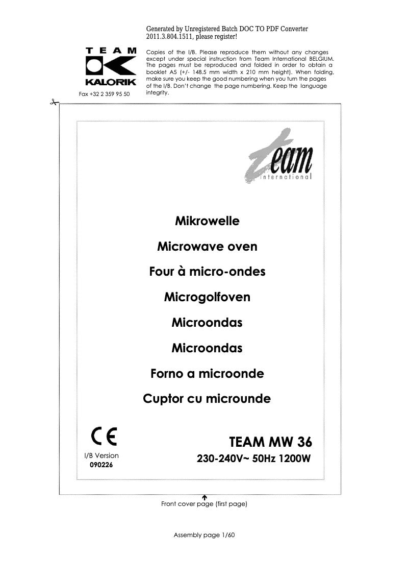 Image de la première page du manuel de l'appareil MW 36