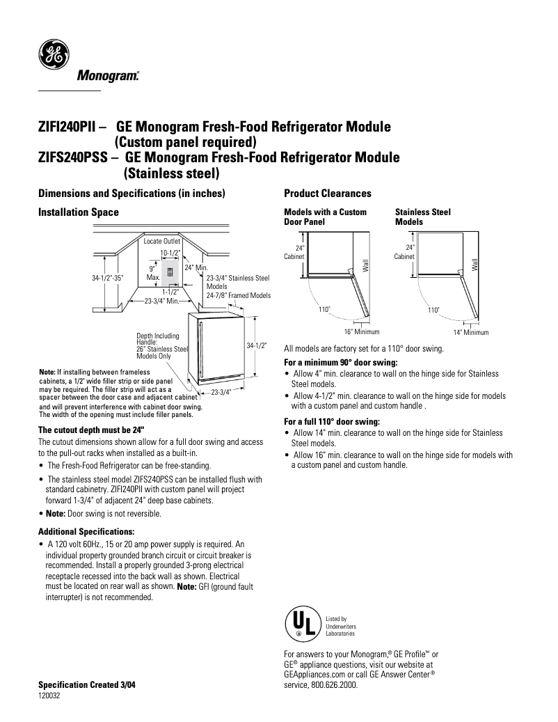 Page 1 de la notice Fiche technique GE ZIFS240PSS