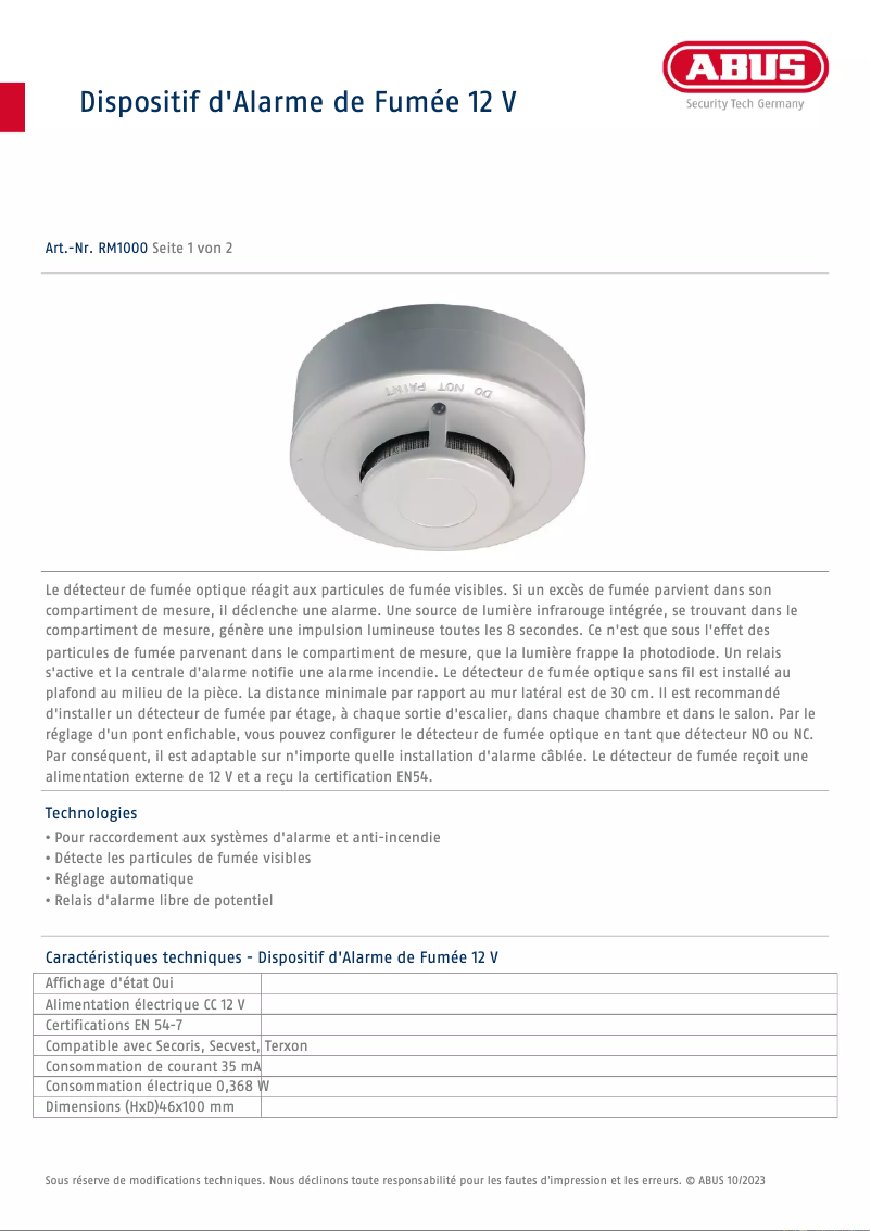 Page n°1 - Fiche technique Abus RM1000