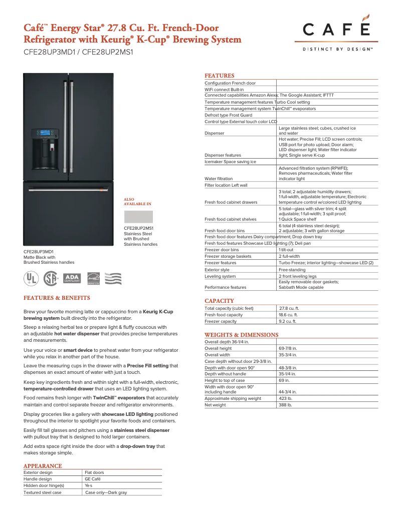 Page 1 de la notice Fiche technique GE Café CFE28UP3MD1