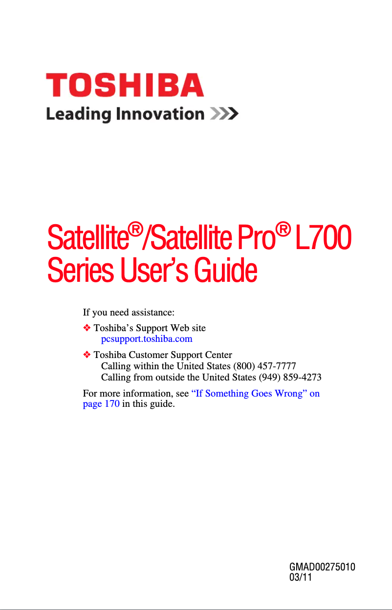 Page n°1 - Manuel utilisateur Toshiba Satellite Pro L700