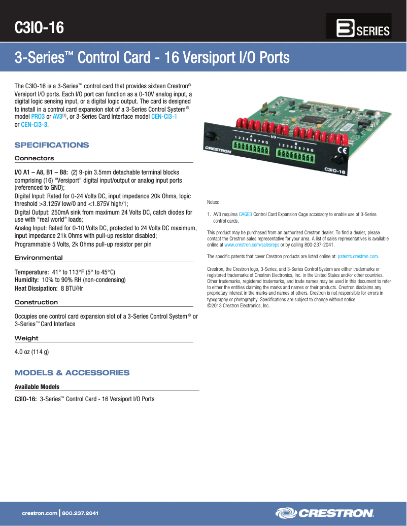 Page 1 de la notice Fiche technique Crestron C3IO-16