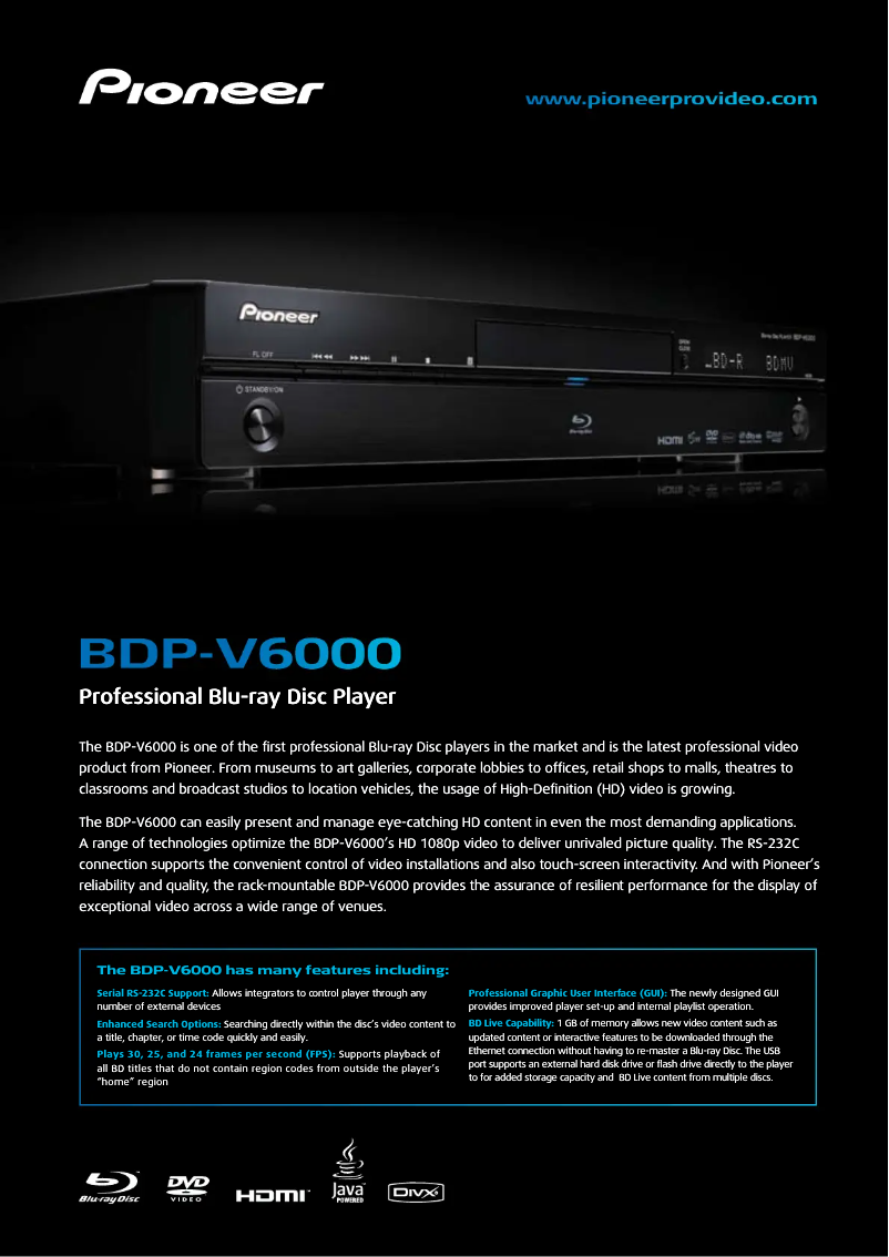 Page 1 de la notice Brochure Pioneer BDP-V6000