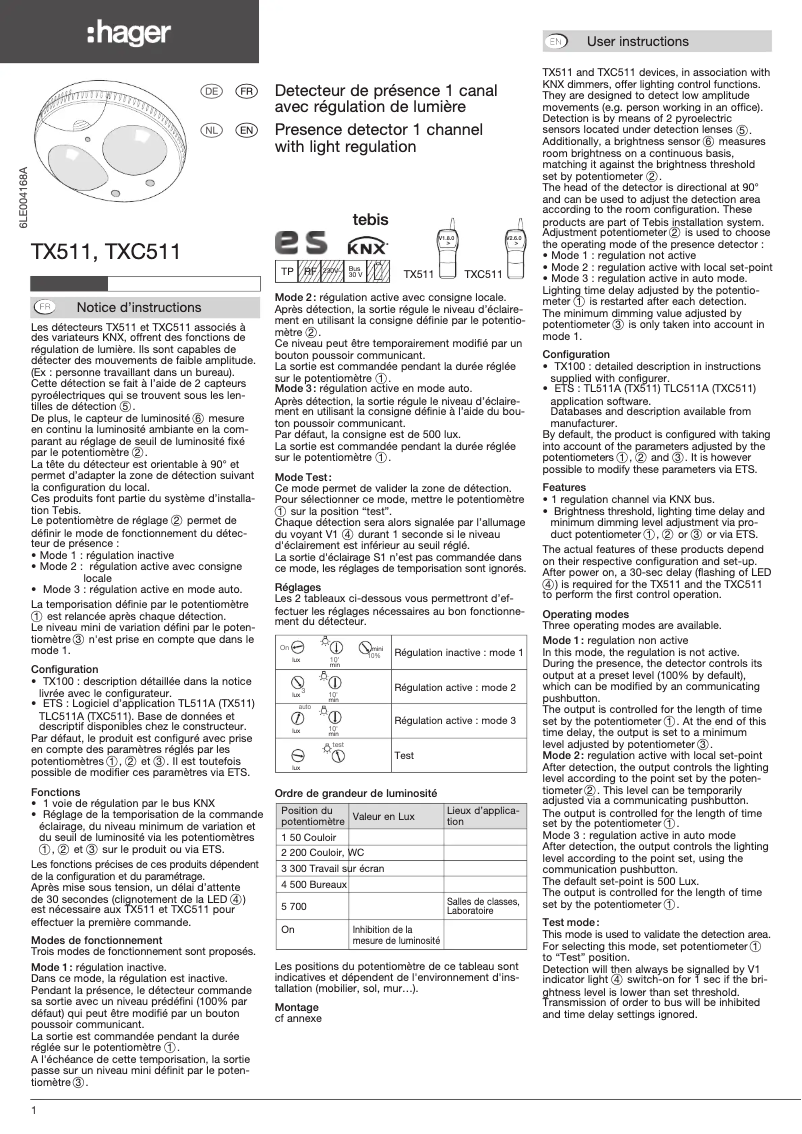 Page n°1 - Manuel utilisateur Hager TXC511