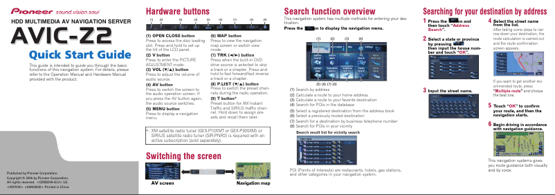 Page n°1 - Guide de démarrage rapide Pioneer AVIC-Z2