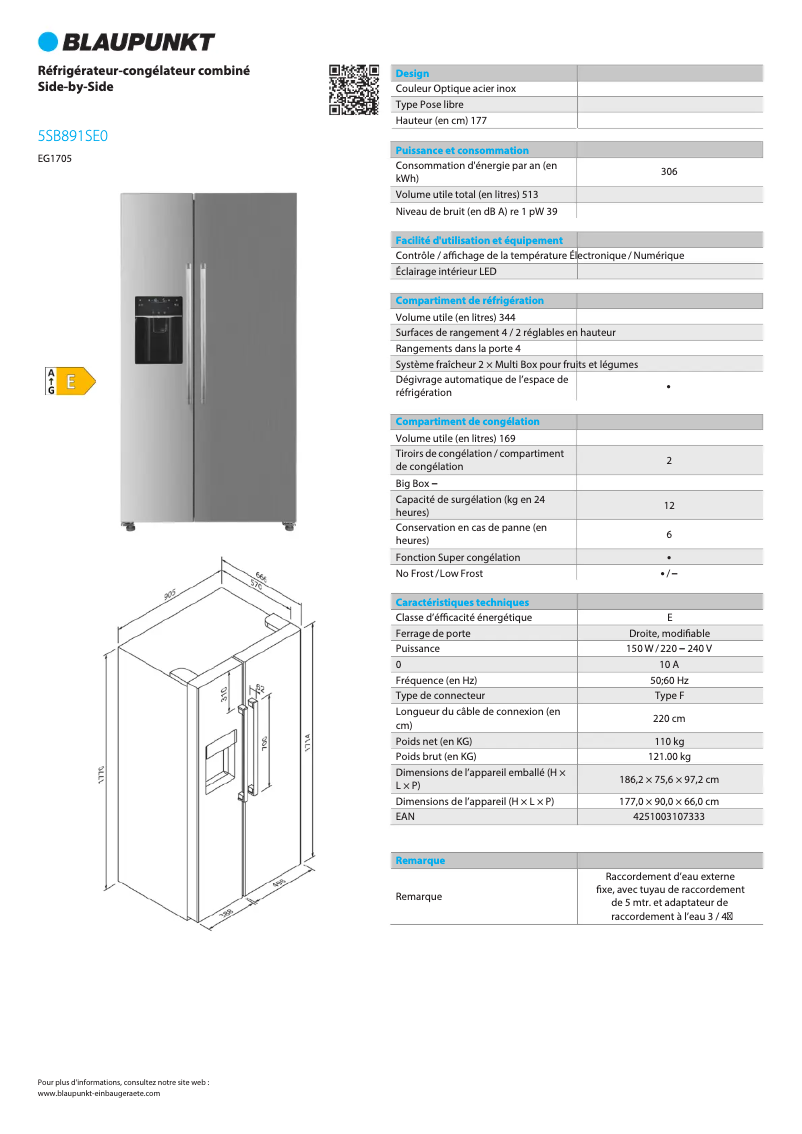 Page 1 de la notice Fiche technique Blaupunkt 5SL92500
