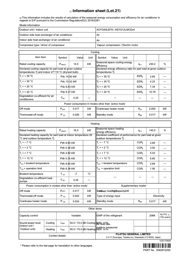 Page 1 de la notice Fiche technique Fujitsu AOYG45LBT8