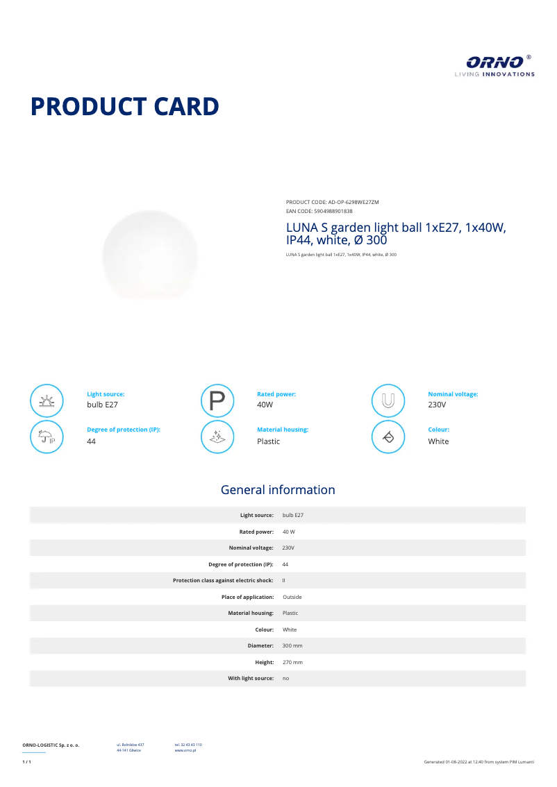 Page 1 de la notice Fiche technique Adviti AD-OP-6298WE27ZM