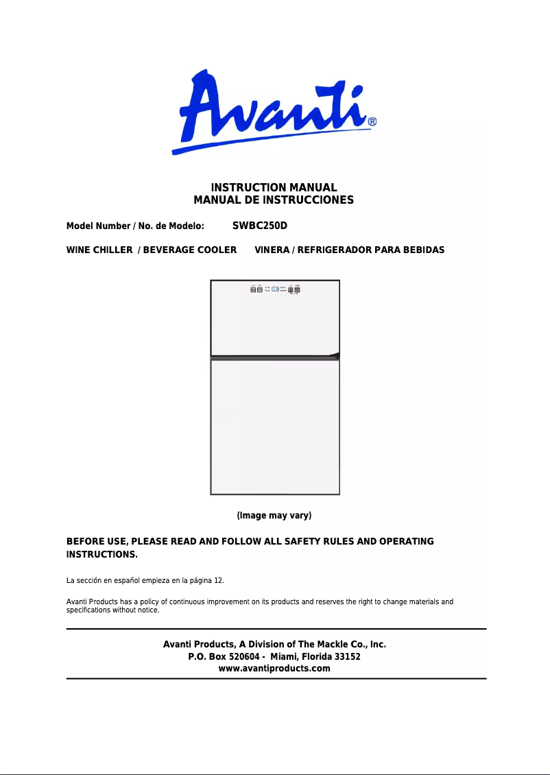 Page 1 de la notice Manuel utilisateur Avanti SWBC250D