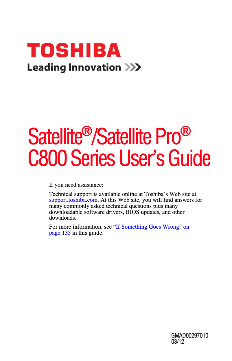 Page 1 de la notice Manuel utilisateur Toshiba Satellite Pro C800