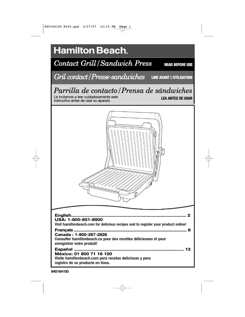 Page 1 de la notice Manuel utilisateur Hamilton Beach 25451