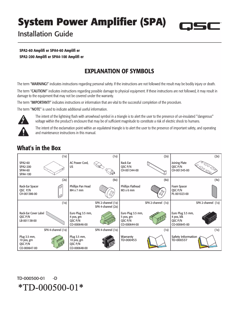 Page 1 de la notice Guide d'installation QSC SPA2-60