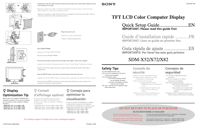 Page 1 de la notice Guide d'installation Sony SDM-X72