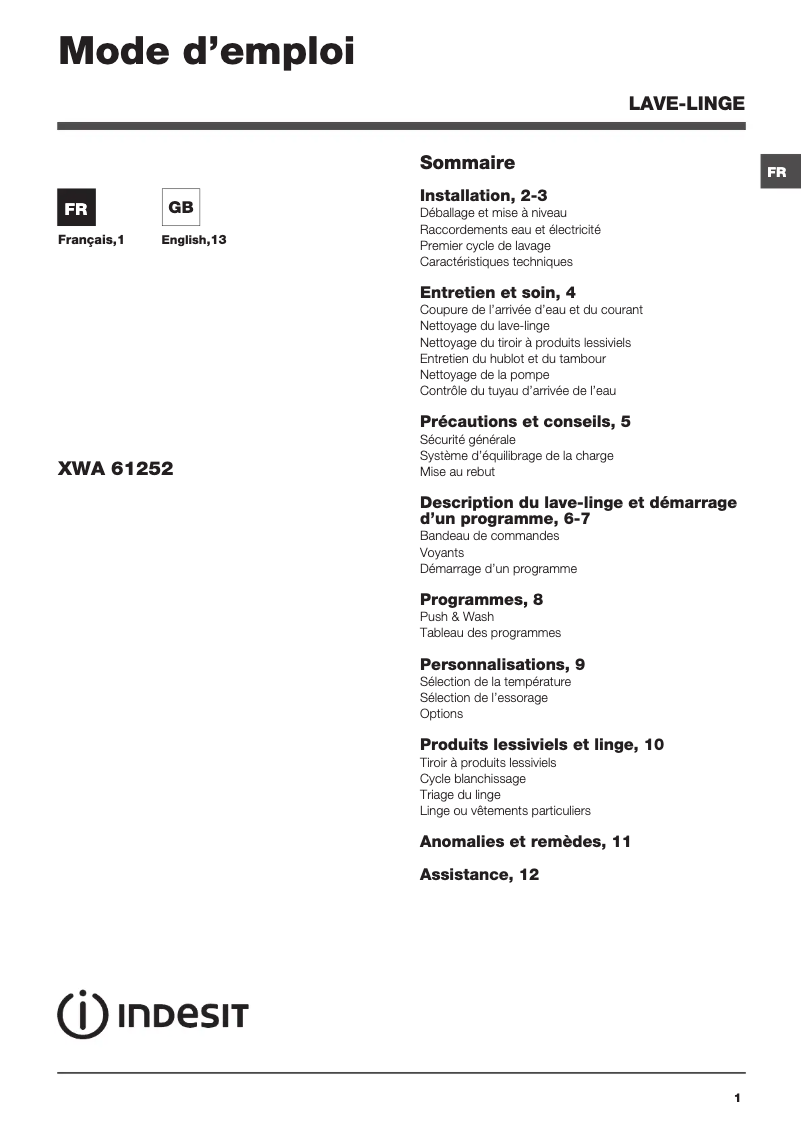 Page 1 de la notice Manuel utilisateur Indesit XWA 61252