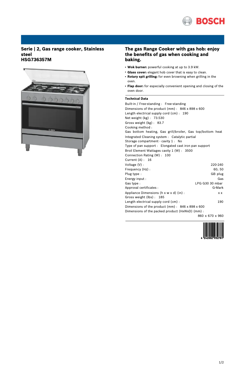 Page 1 de la notice Fiche technique Bosch HSG736357M