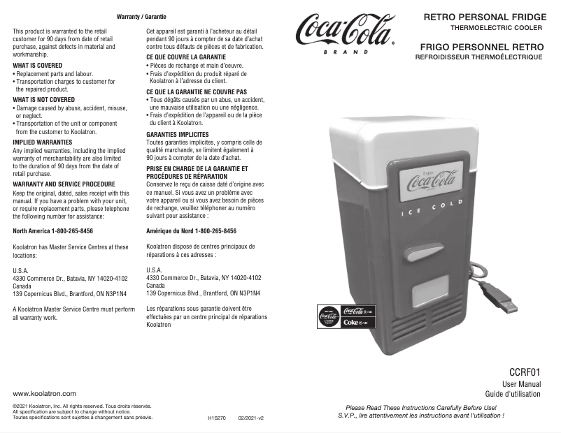 Page 1 de la notice Manuel utilisateur Coca-Cola CCRF01