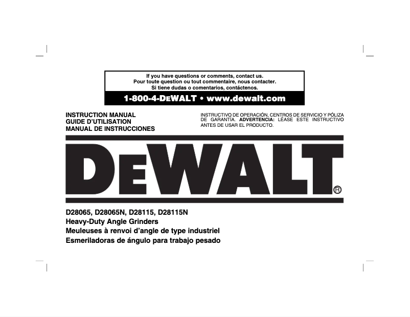 Page 1 de la notice Manuel d'utilisation et d'entretien DeWalt D28065N