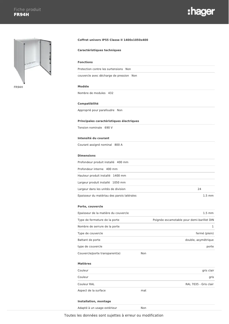 Page n°1 - Fiche technique Hager FR94H
