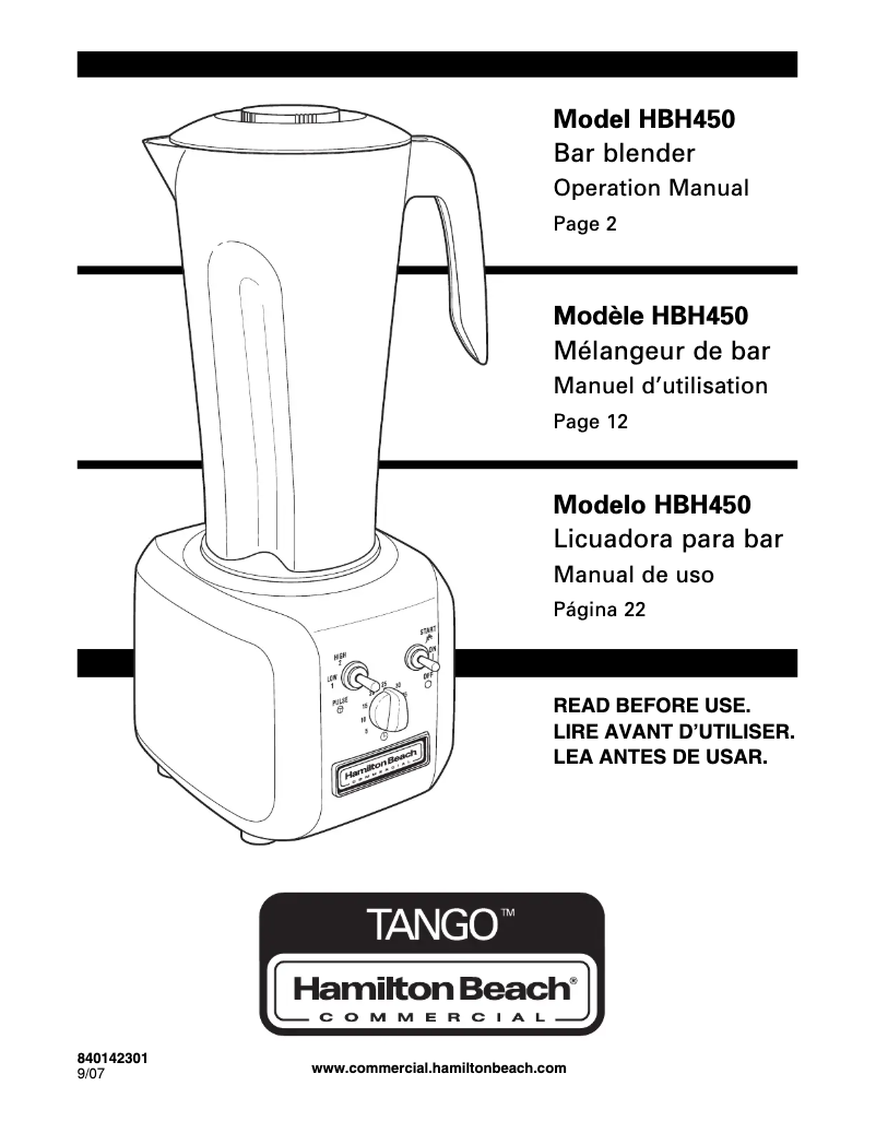Page n°1 - Manuel utilisateur Hamilton Beach Tango HBH450R