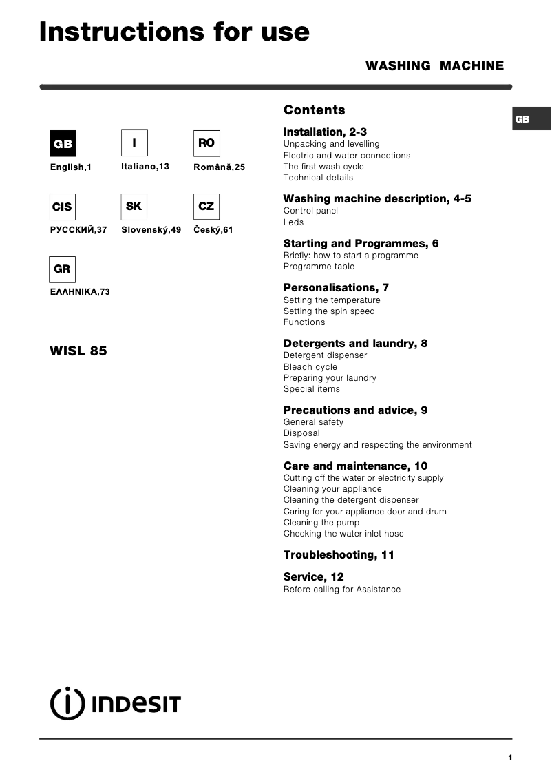 Image de la première page du manuel de l'appareil WISL 85