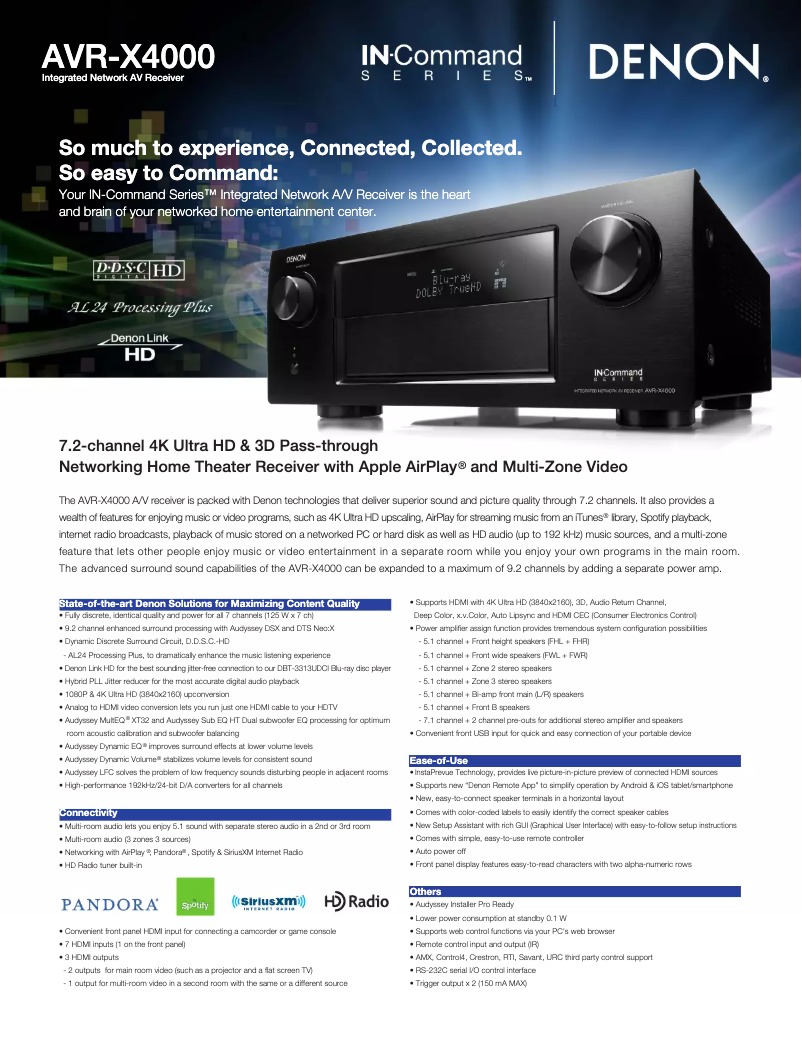 Page 1 de la notice Fiche technique Denon AVR-X4000