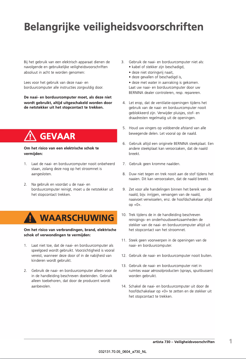 Page n°1 - Manuel utilisateur Bernina Artista 730