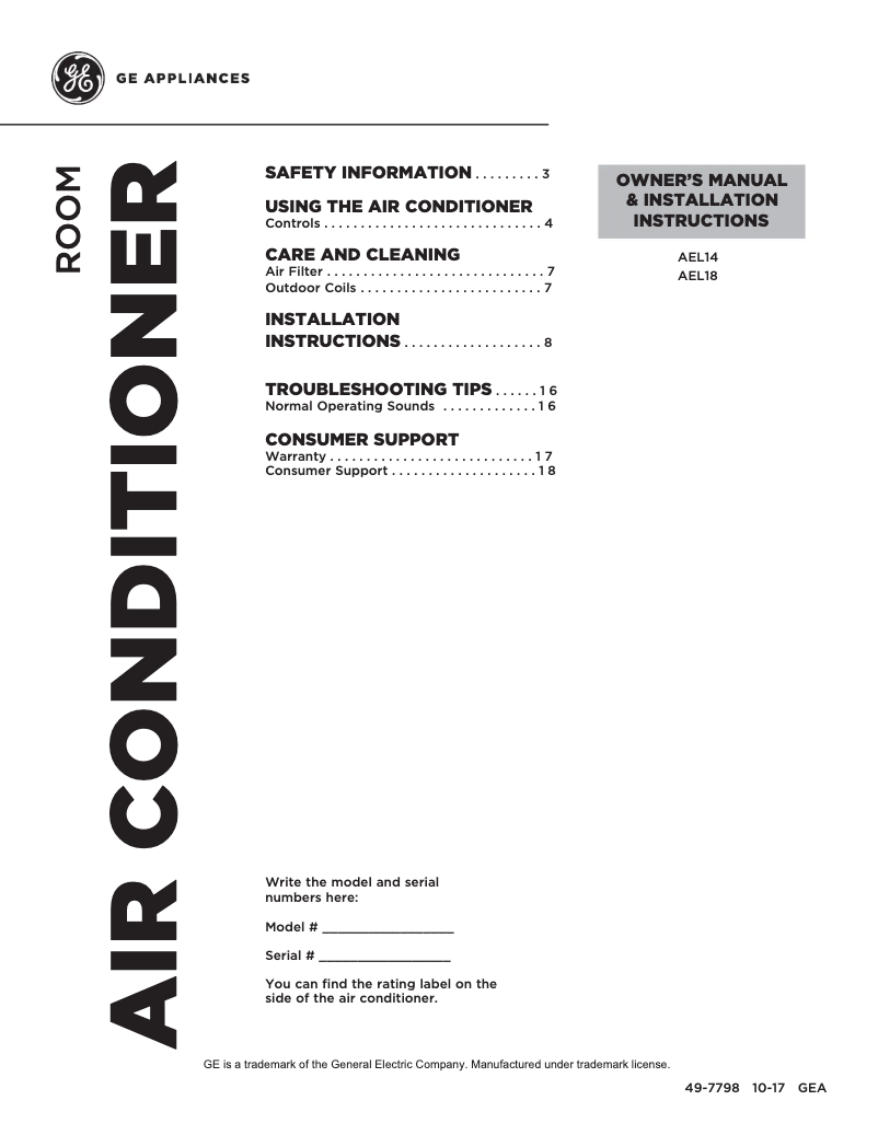 Page 1 de la notice Guide d'installation GE AEL18DX