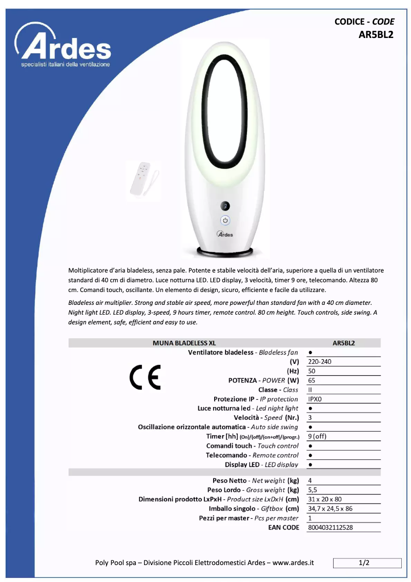 Página 1 del manual Ficha técnica Ardes AR5BL2