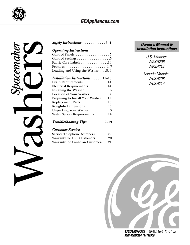 Page 1 de la notice Manuel utilisateur GE WCXH214AWW